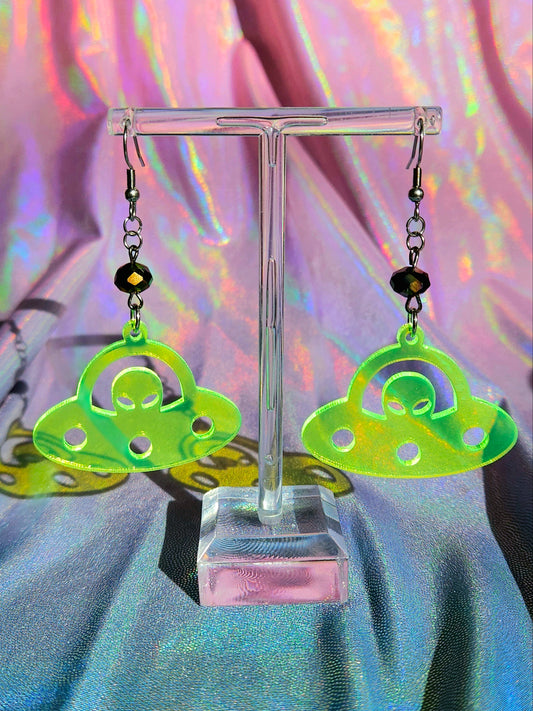 Small UFO Earrings - Acrylic Laser Cut Neon Green Earrings