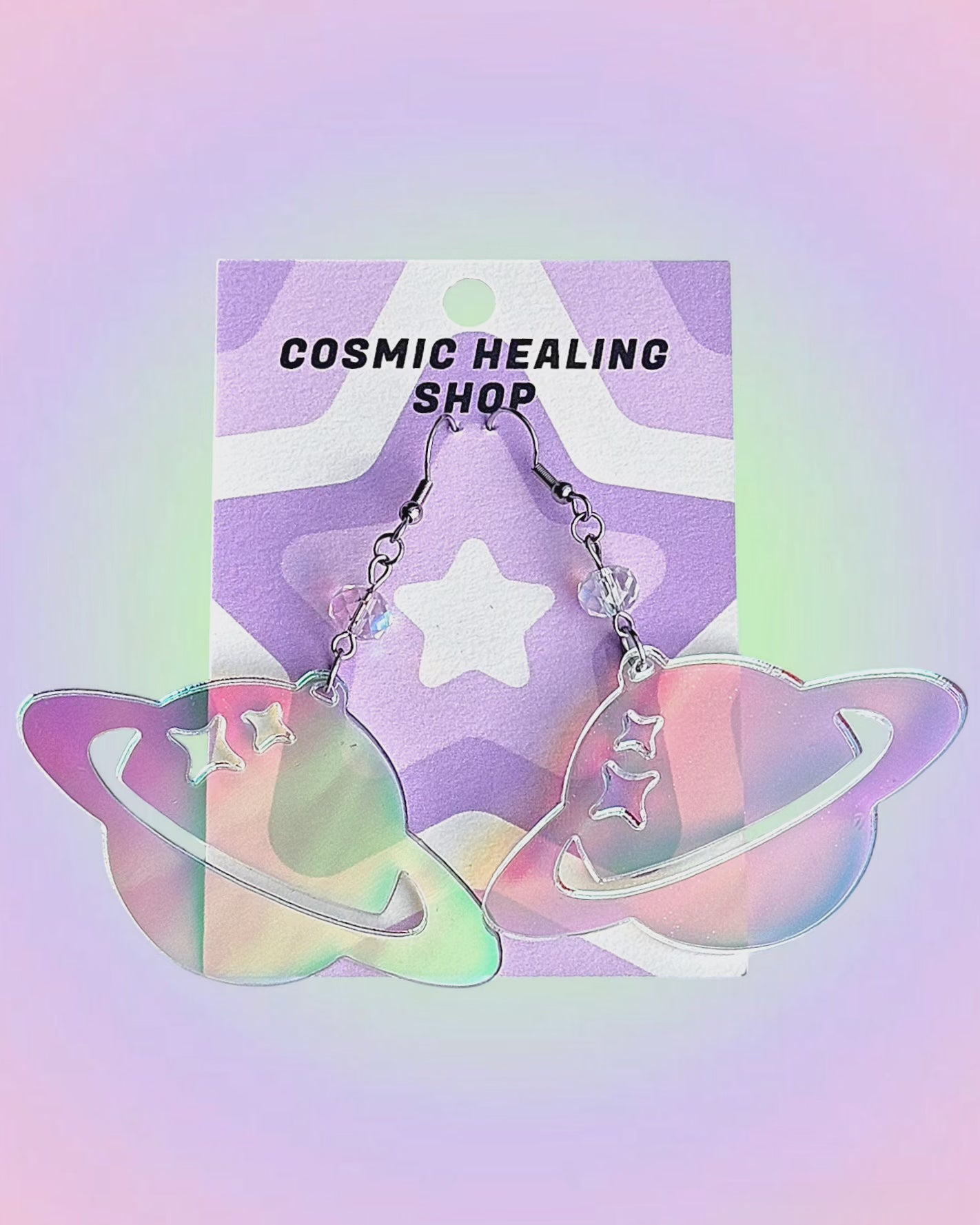 Saturn Earrings Medium Size - Acrylic Laser Cut Iridescent Earrings
