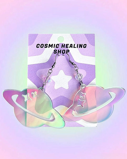 Saturn Earrings Medium Size - Acrylic Laser Cut Iridescent Earrings