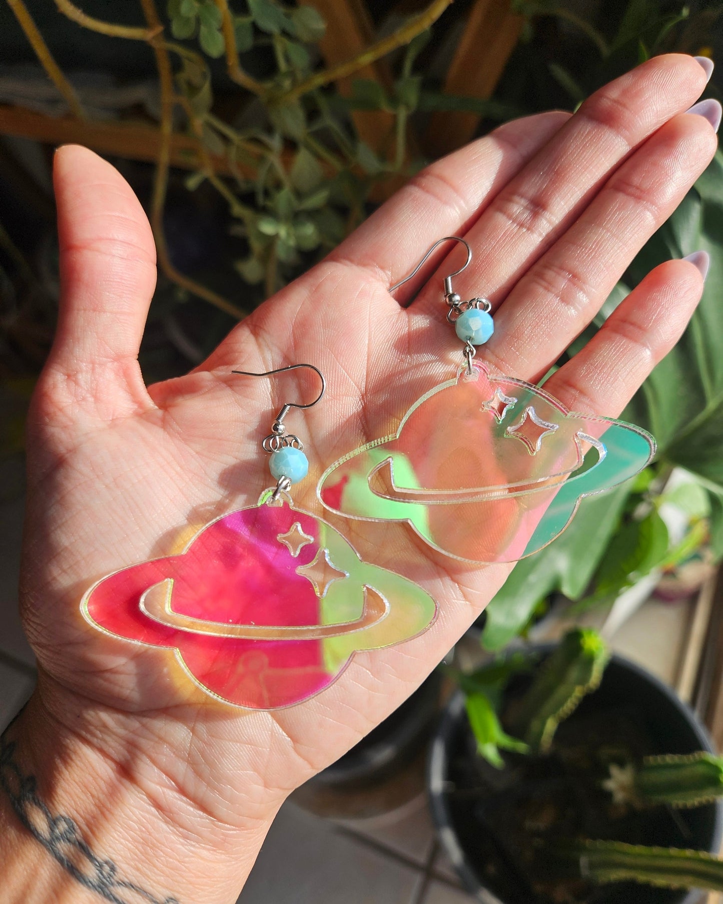 Saturn Earrings Medium Size - Acrylic Laser Cut Iridescent Earrings