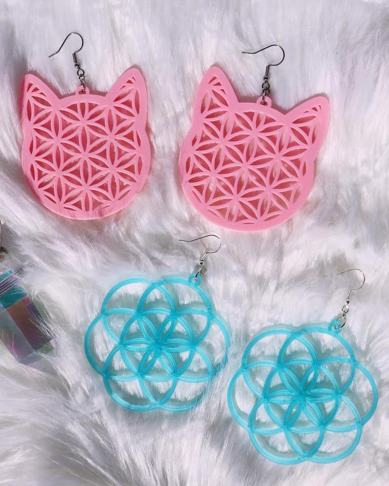 Large Kitty Flower of Life Earrings Choose Your Color