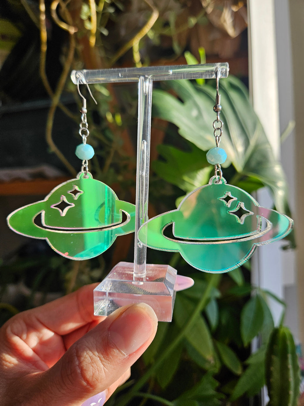 Saturn Earrings Medium Size - Acrylic Laser Cut Iridescent Earrings