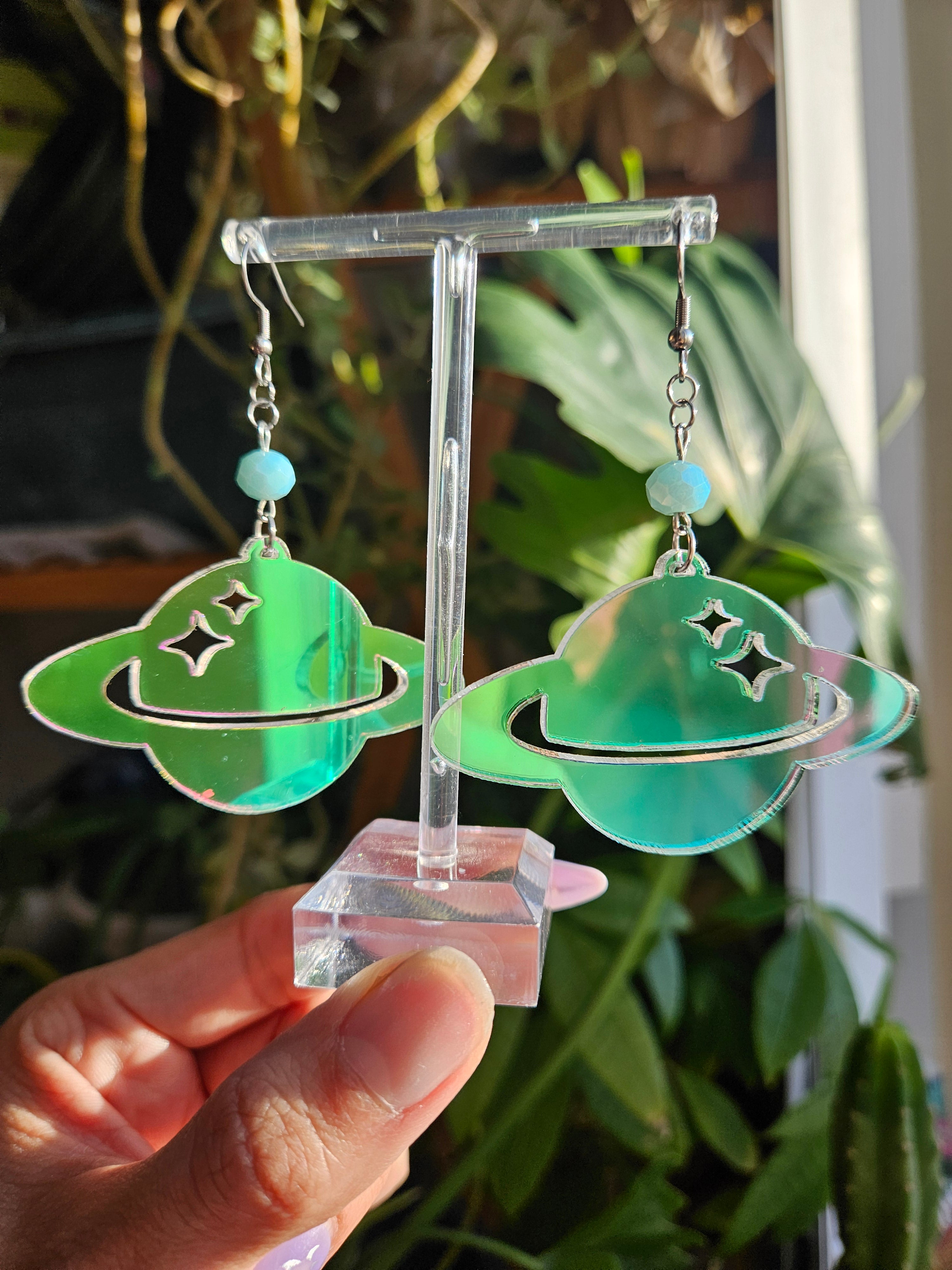 Saturn Earrings Medium Size - Acrylic Laser Cut Iridescent Earrings